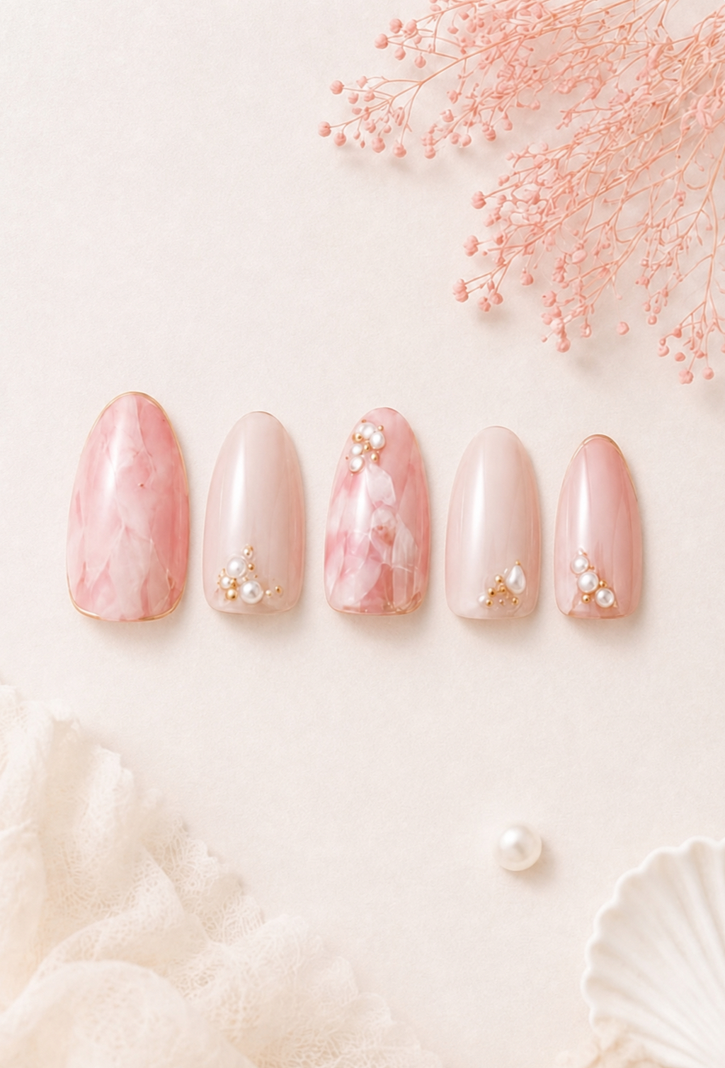 桜貝ピンクのハンドネイルチップ5本